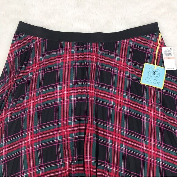 New CECE Black Red Plaid Pleated Midi Skirt Elastic Waist Pull On Tartan Size 2X - Picture 4 of 10